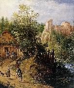 Pieter van Gunst Mountain Valley with Inn and Castle Spain oil painting artist